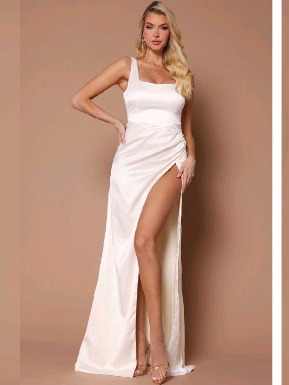 Ivory Elegant Satin Maxi Dress with High Slit